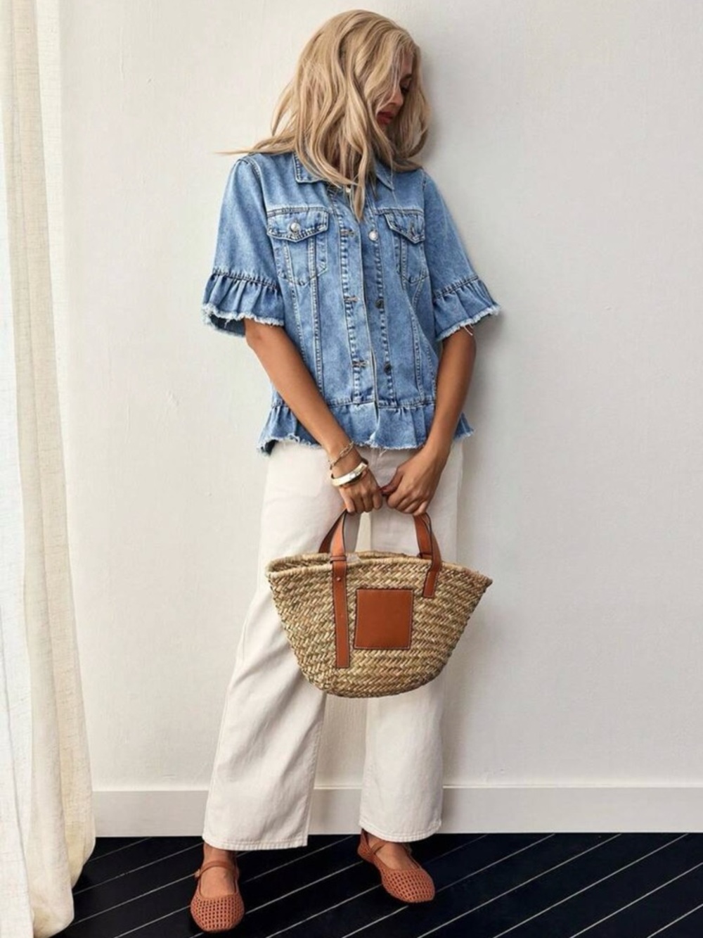 SHEIN Light Blue Ruffle Sleeve Denim Jacket - Picture 7 of 7